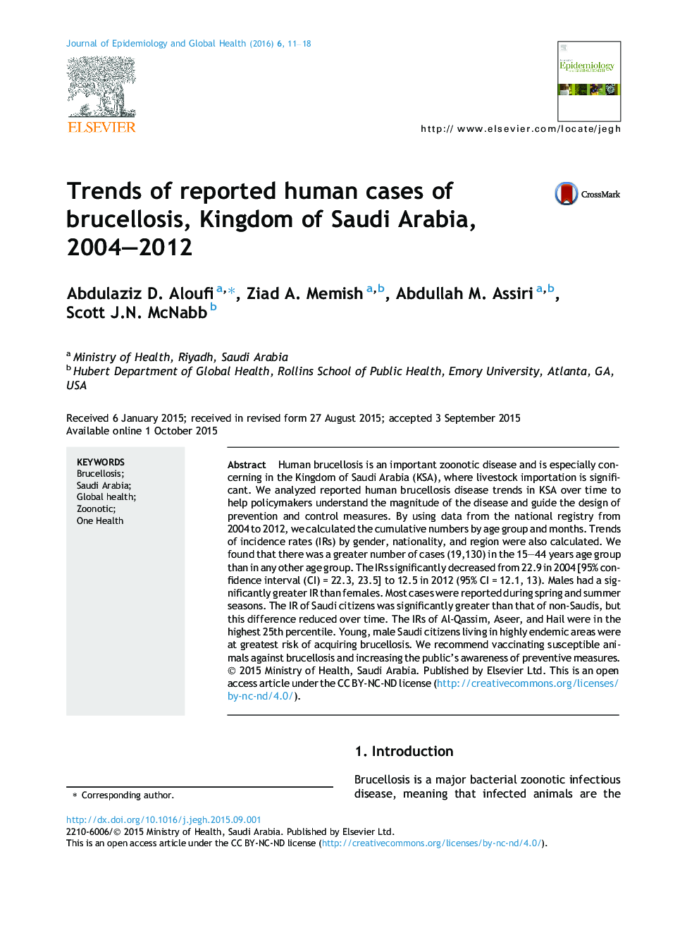 Trends of reported human cases of brucellosis, Kingdom of Saudi Arabia, 2004–2012