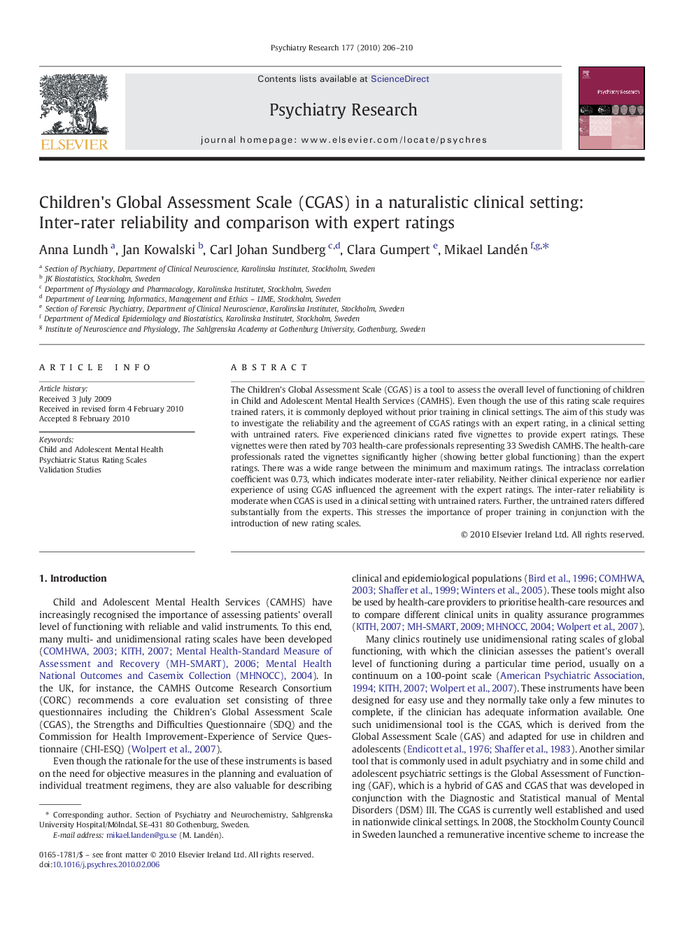 Children's Global Assessment Scale (CGAS) in a naturalistic clinical setting: Inter-rater reliability and comparison with expert ratings