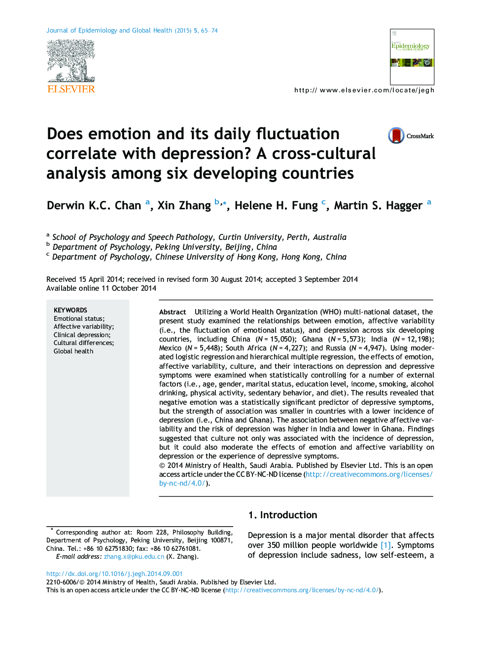 Does emotion and its daily fluctuation correlate with depression? A cross-cultural analysis among six developing countries