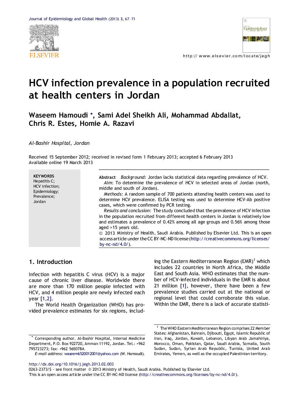 HCV infection prevalence in a population recruited at health centers in Jordan