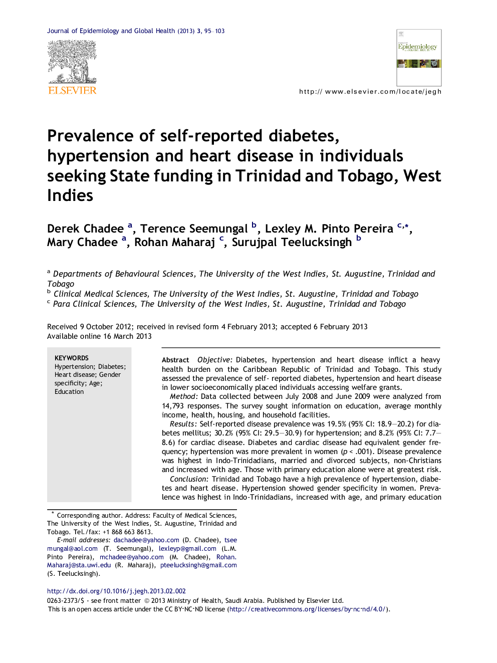 Prevalence of self-reported diabetes, hypertension and heart disease in individuals seeking State funding in Trinidad and Tobago, West Indies