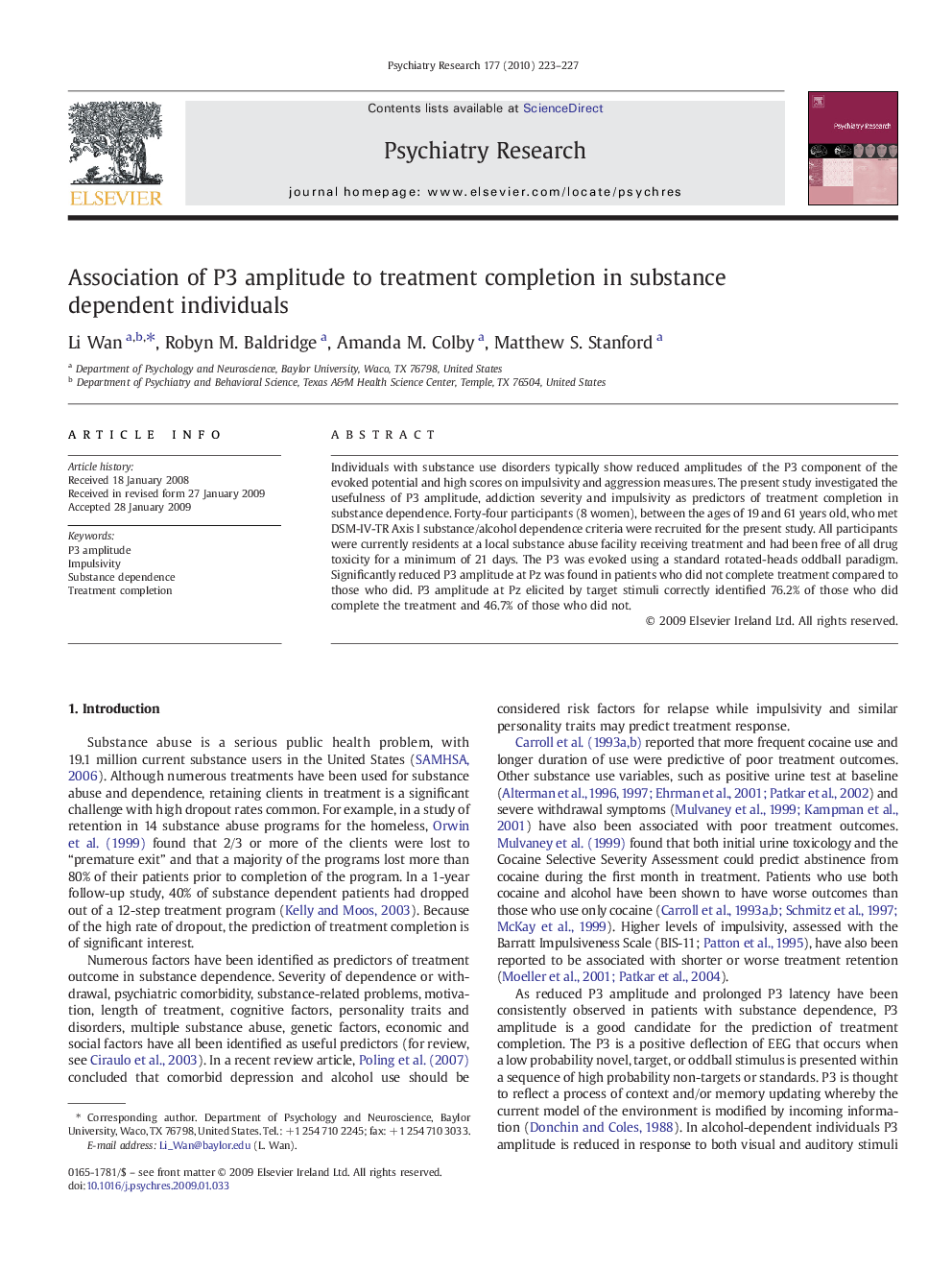 Association of P3 amplitude to treatment completion in substance dependent individuals