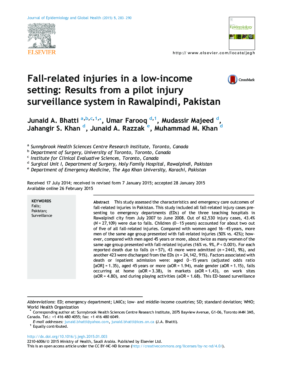 آسیب های مرتبط با پاییز در یک محیط کم درآمد: نتایج یک سیستم نظارت بر خسارت زخمی در راولپندی، پاکستان 