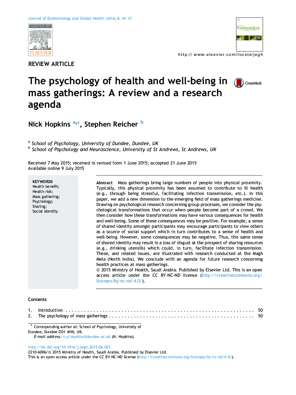 The psychology of health and well-being in mass gatherings: A review and a research agenda 