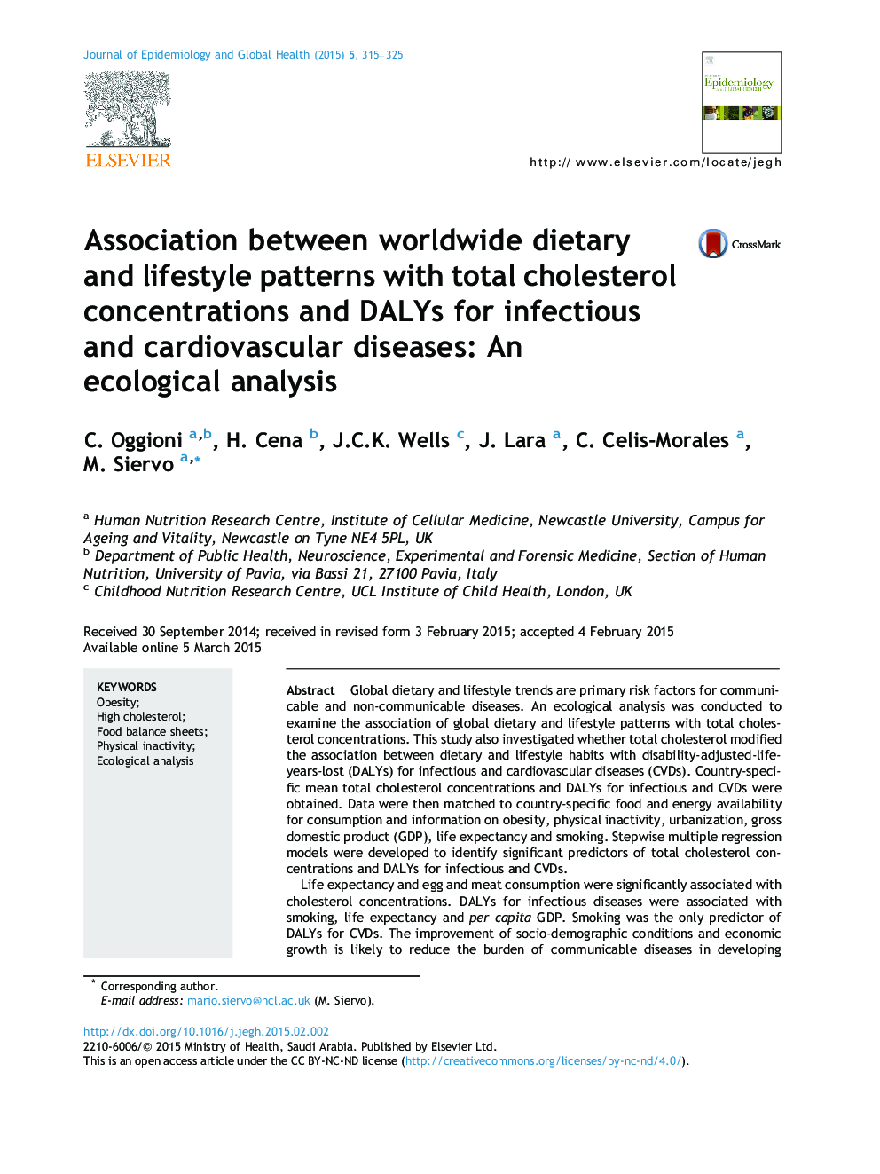 Association between worldwide dietary and lifestyle patterns with total cholesterol concentrations and DALYs for infectious and cardiovascular diseases: An ecological analysis