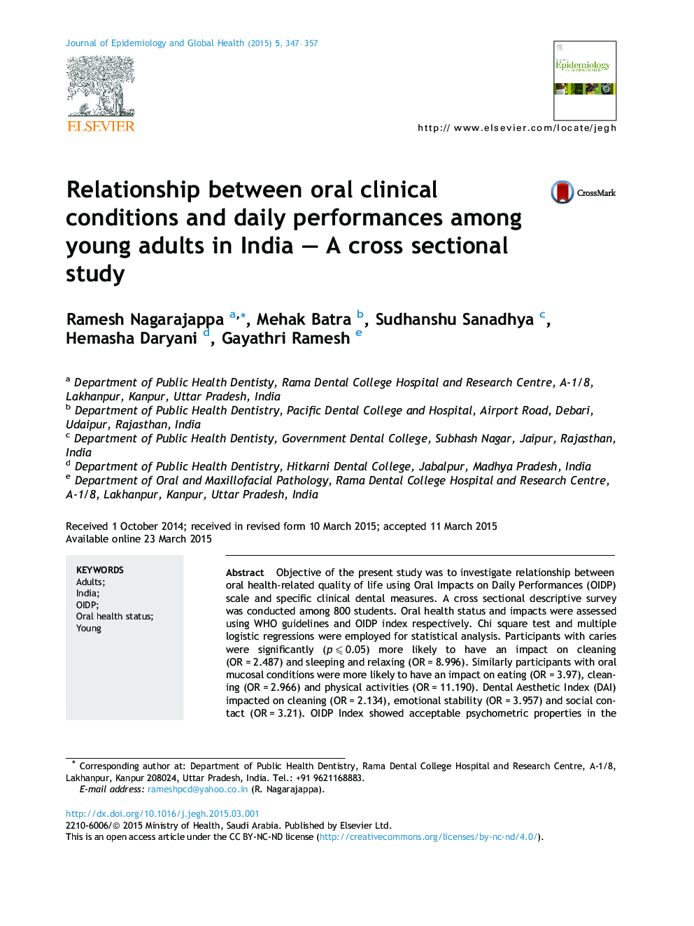 Relationship between oral clinical conditions and daily performances among young adults in India – A cross sectional study