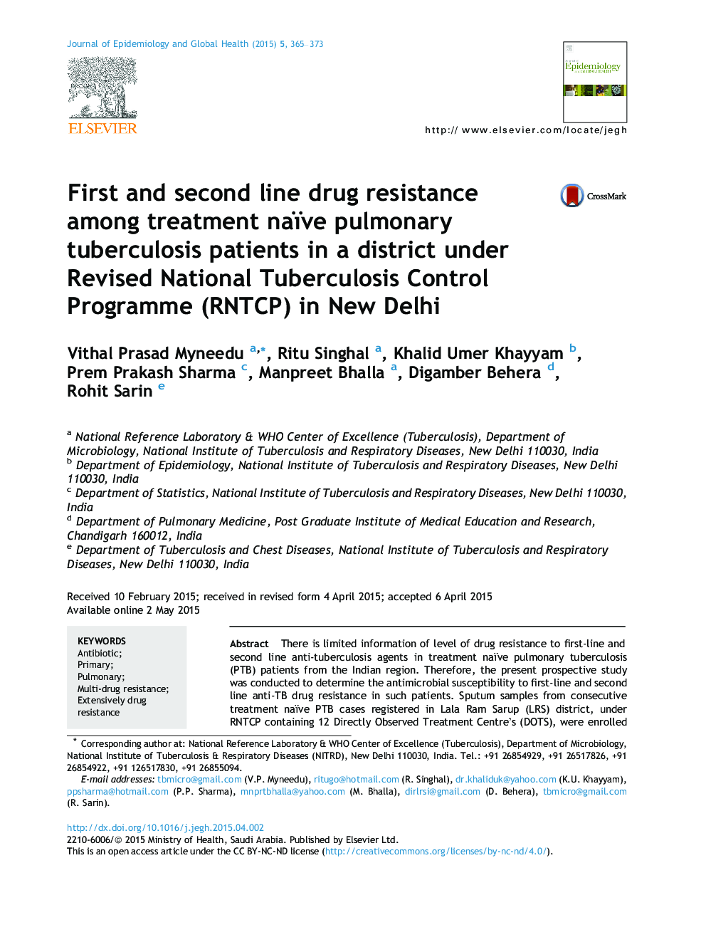 First and second line drug resistance among treatment naïve pulmonary tuberculosis patients in a district under Revised National Tuberculosis Control Programme (RNTCP) in New Delhi
