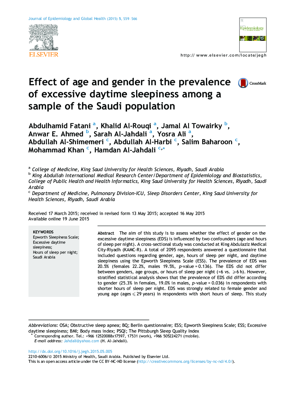 Effect of age and gender in the prevalence of excessive daytime sleepiness among a sample of the Saudi population