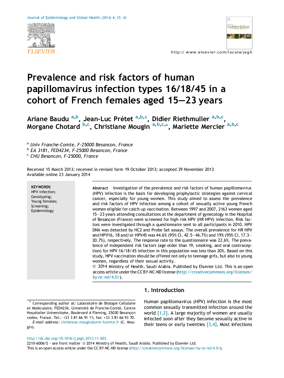 Prevalence and risk factors of human papillomavirus infection types 16/18/45 in a cohort of French females aged 15–23 years