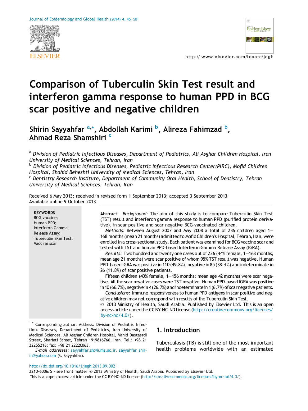 Comparison of Tuberculin Skin Test result and interferon gamma response to human PPD in BCG scar positive and negative children