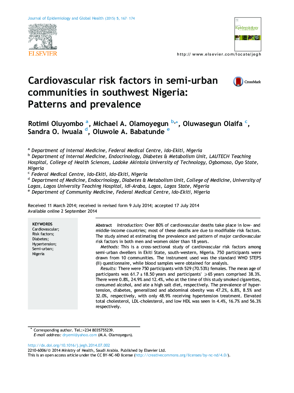 Cardiovascular risk factors in semi-urban communities in southwest Nigeria: Patterns and prevalence