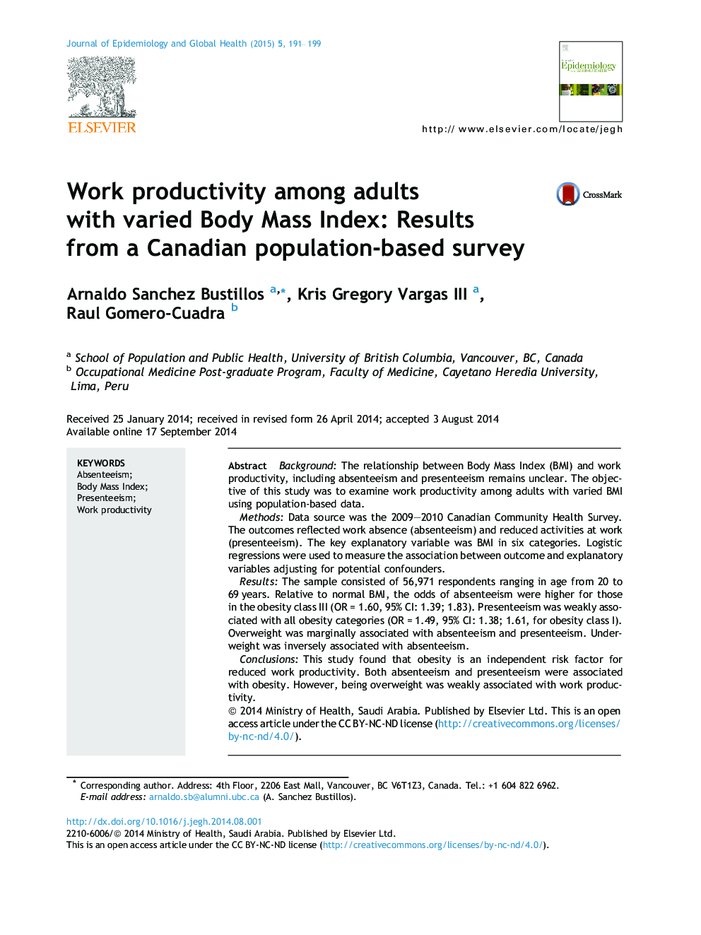 Work productivity among adults with varied Body Mass Index: Results from a Canadian population-based survey