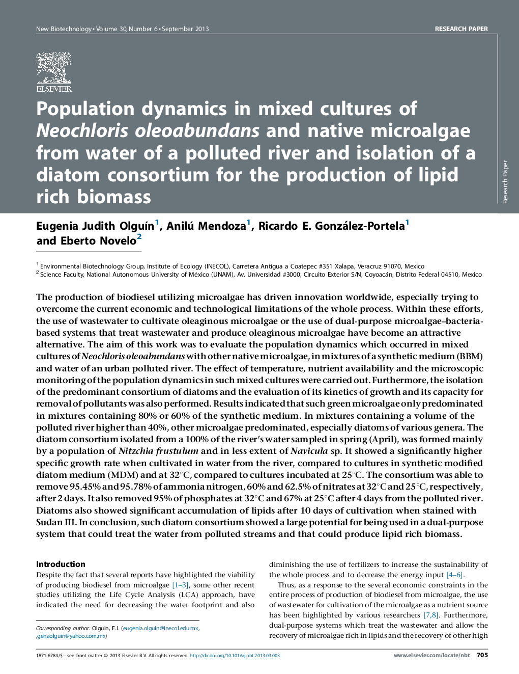 Population dynamics in mixed cultures of Neochloris oleoabundans and native microalgae from water of a polluted river and isolation of a diatom consortium for the production of lipid rich biomass