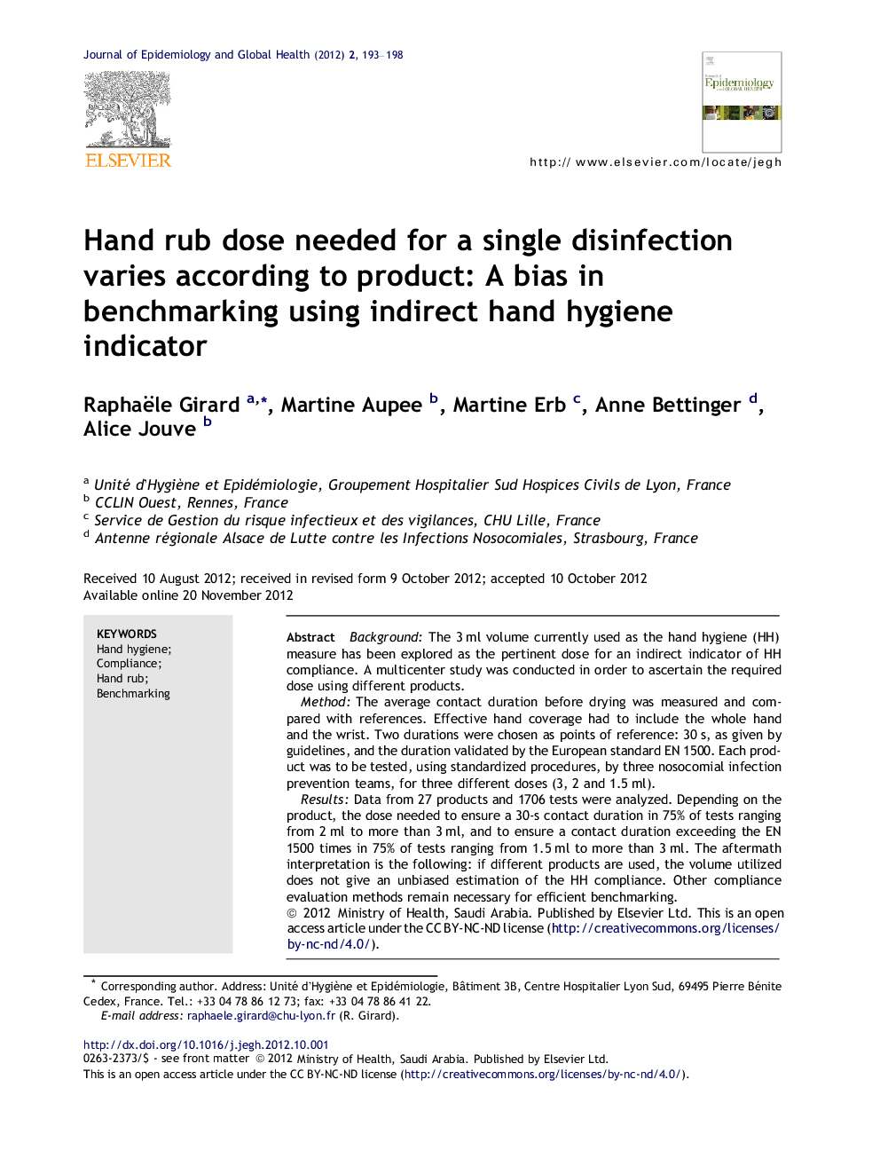 Hand rub dose needed for a single disinfection varies according to product: A bias in benchmarking using indirect hand hygiene indicator