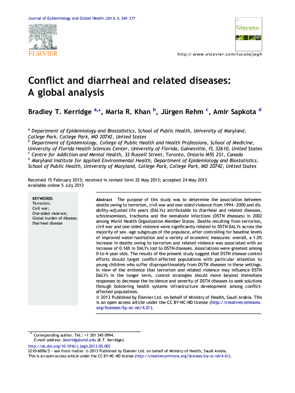 Conflict and diarrheal and related diseases: A global analysis