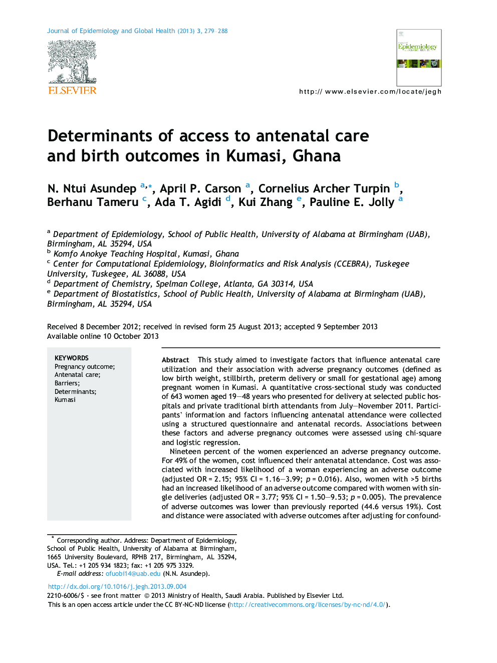 Determinants of access to antenatal care and birth outcomes in Kumasi, Ghana