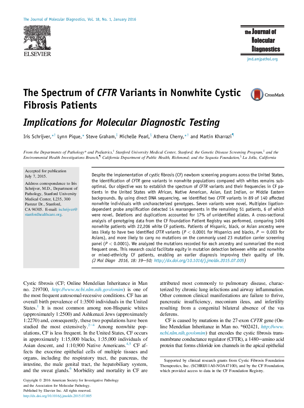 The Spectrum of CFTR Variants in Nonwhite Cystic Fibrosis Patients : Implications for Molecular Diagnostic Testing