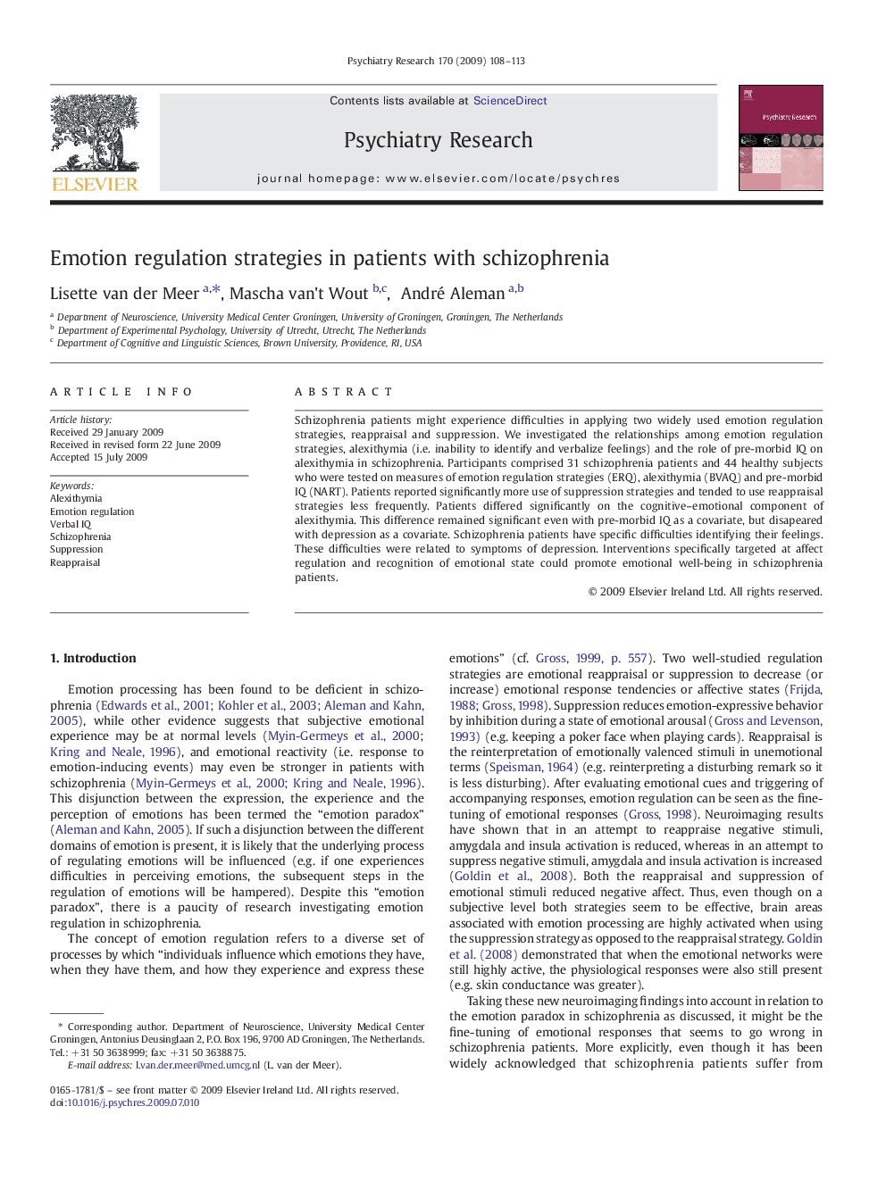 Emotion regulation strategies in patients with schizophrenia