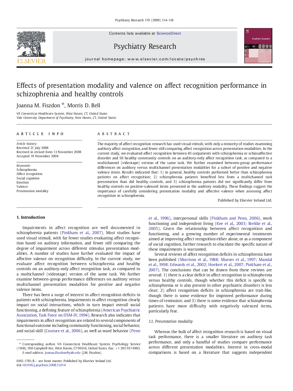 Effects of presentation modality and valence on affect recognition performance in schizophrenia and healthy controls