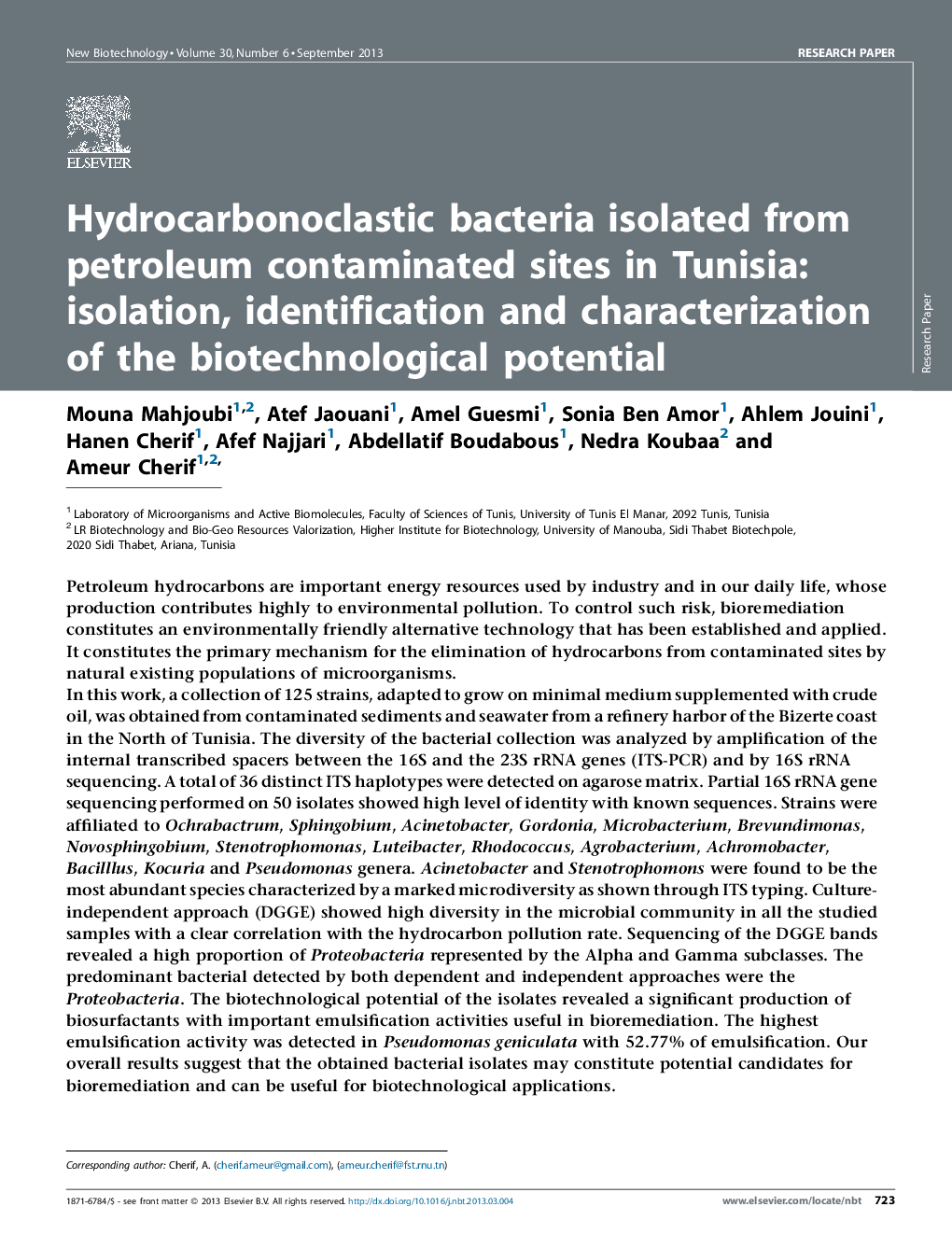Hydrocarbonoclastic bacteria isolated from petroleum contaminated sites in Tunisia: isolation, identification and characterization of the biotechnological potential