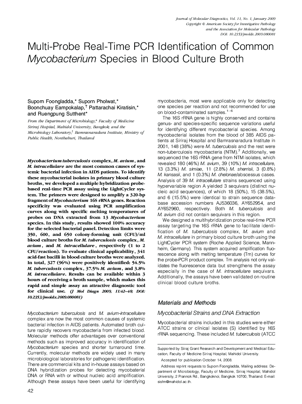 Multi-Probe Real-Time PCR Identification of Common Mycobacterium Species in Blood Culture Broth 