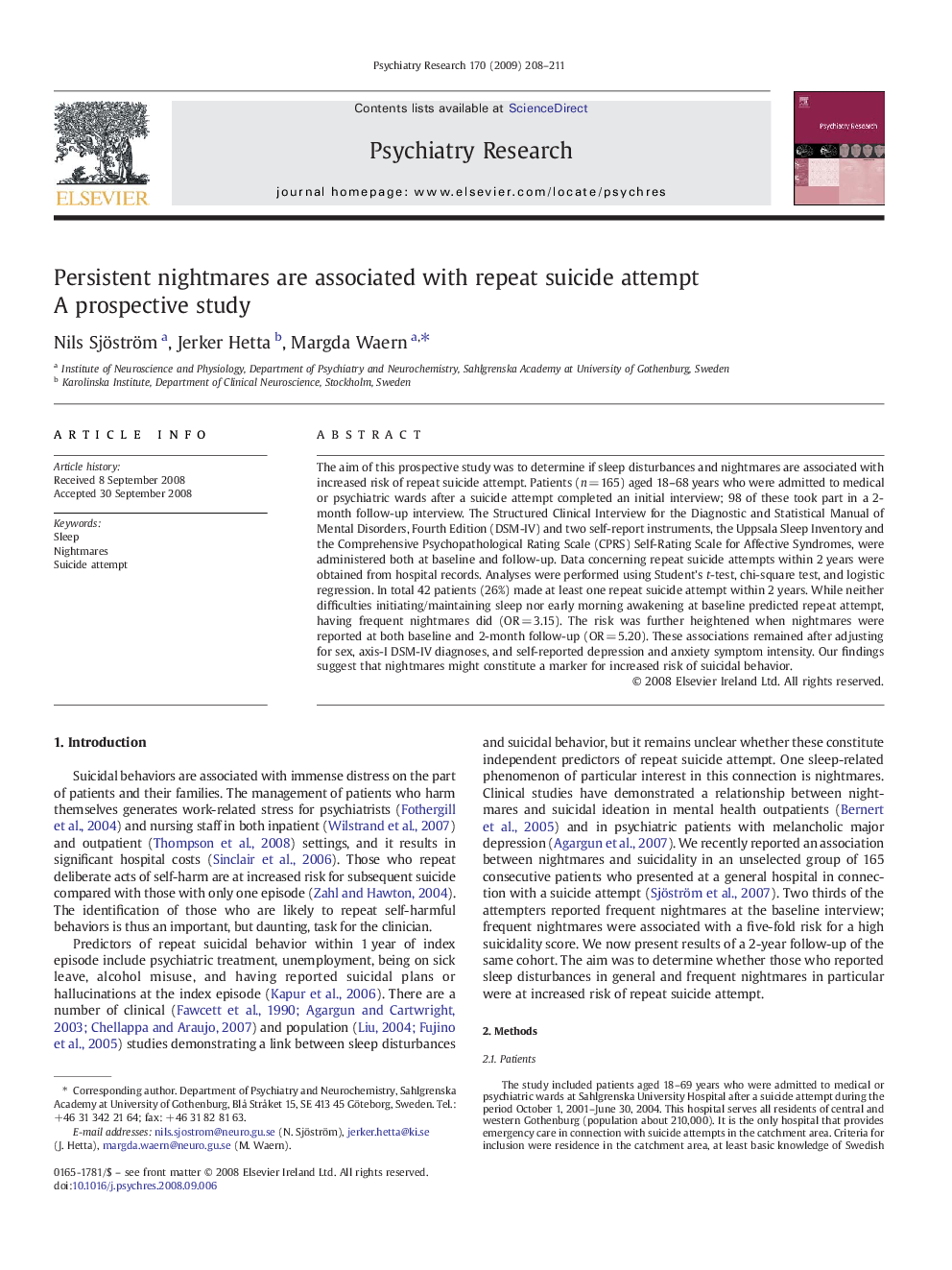 Persistent nightmares are associated with repeat suicide attempt: A prospective study