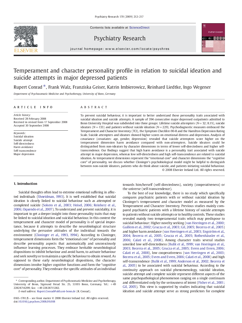 Temperament and character personality profile in relation to suicidal ideation and suicide attempts in major depressed patients