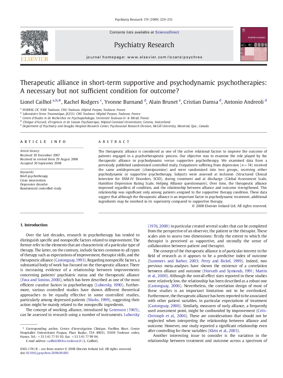 Therapeutic alliance in short-term supportive and psychodynamic psychotherapies: A necessary but not sufficient condition for outcome?