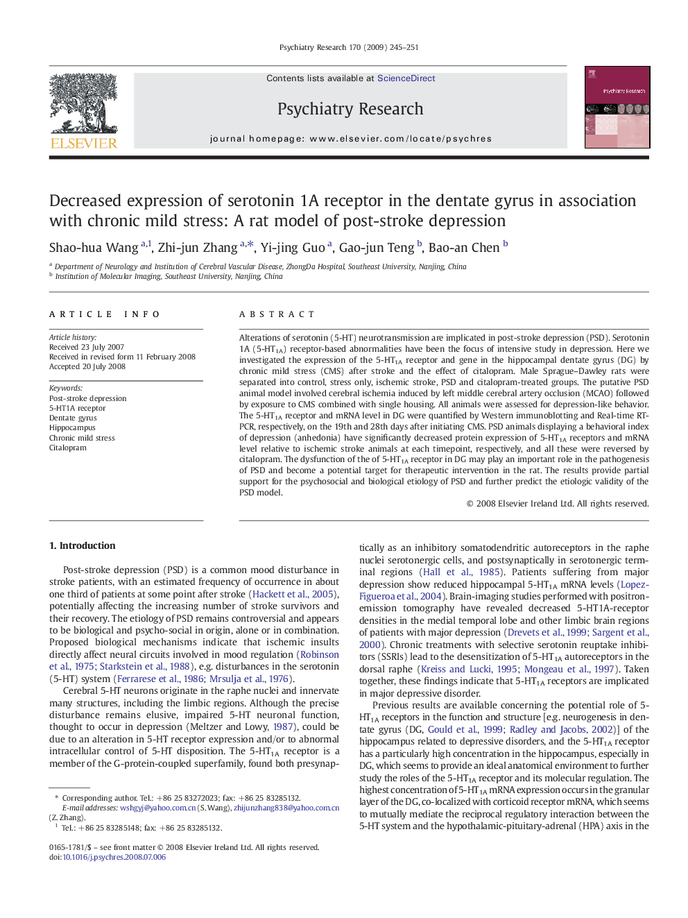 Decreased expression of serotonin 1A receptor in the dentate gyrus in association with chronic mild stress: A rat model of post-stroke depression