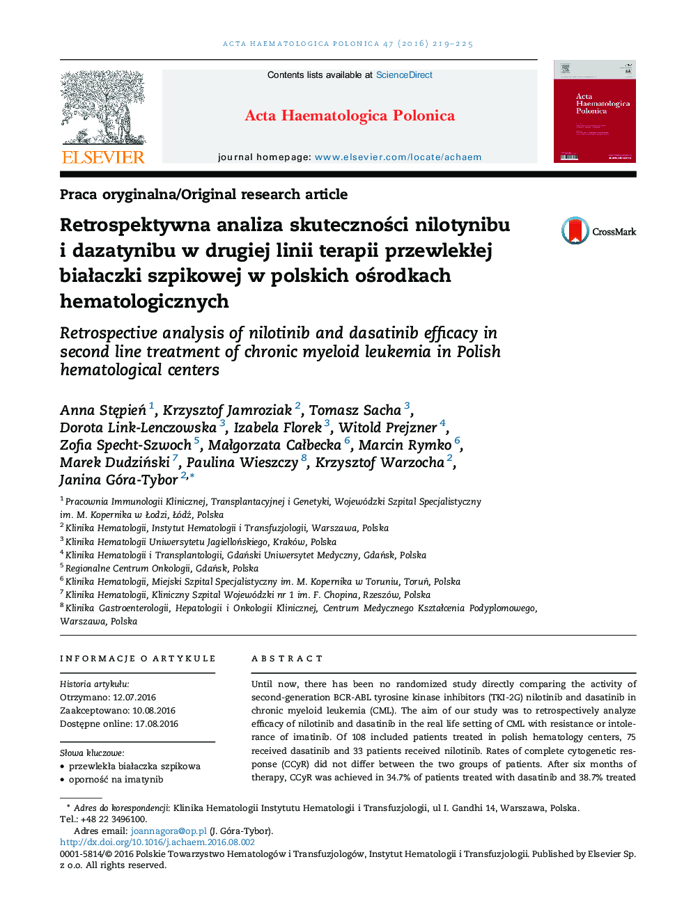 Retrospektywna analiza skuteczności nilotynibu i dazatynibu w drugiej linii terapii przewlekłej białaczki szpikowej w polskich ośrodkach hematologicznych