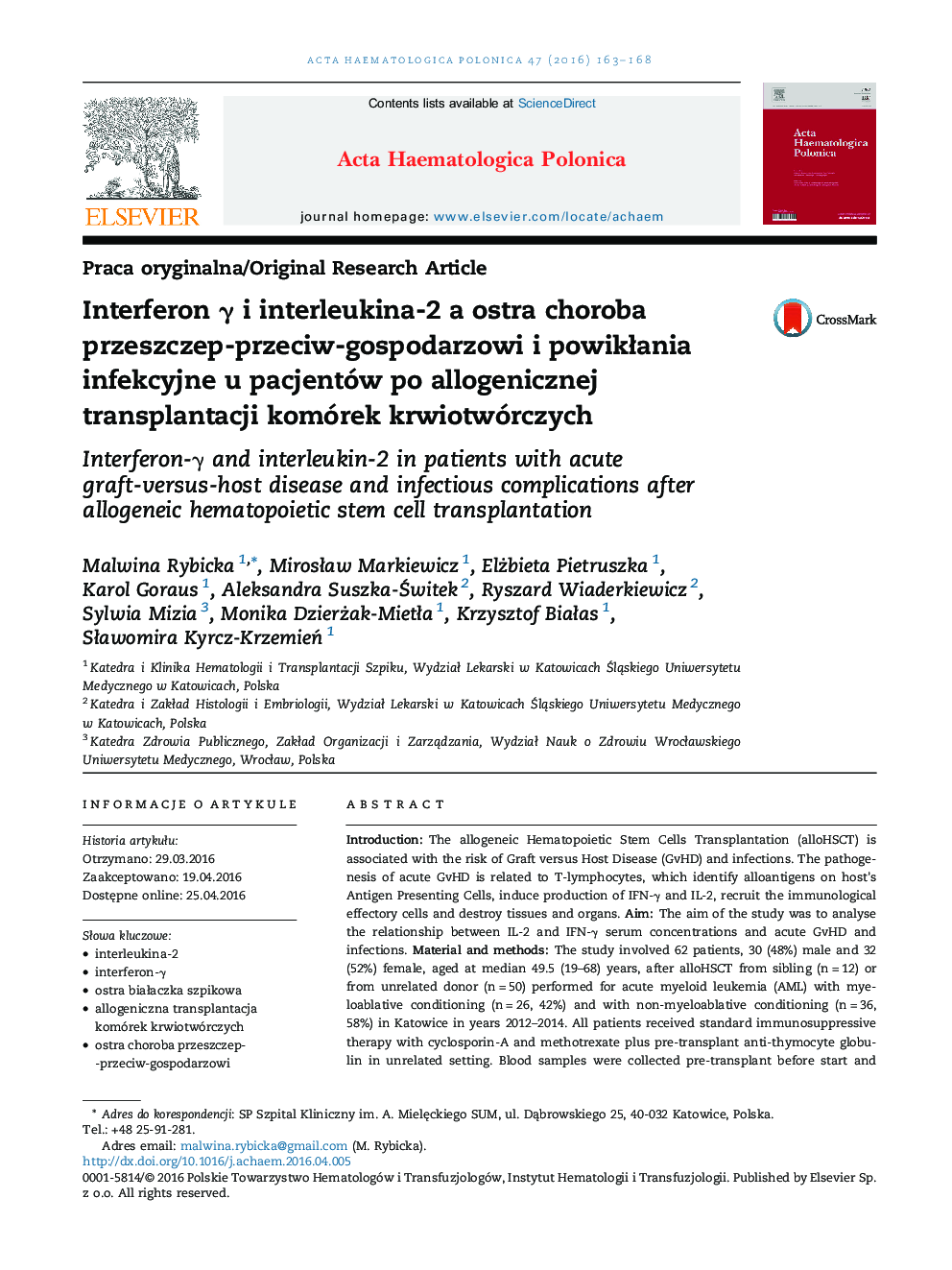 Interferon γ i interleukina-2 a ostra choroba przeszczep-przeciw-gospodarzowi i powikłania infekcyjne u pacjentów po allogenicznej transplantacji komórek krwiotwórczych