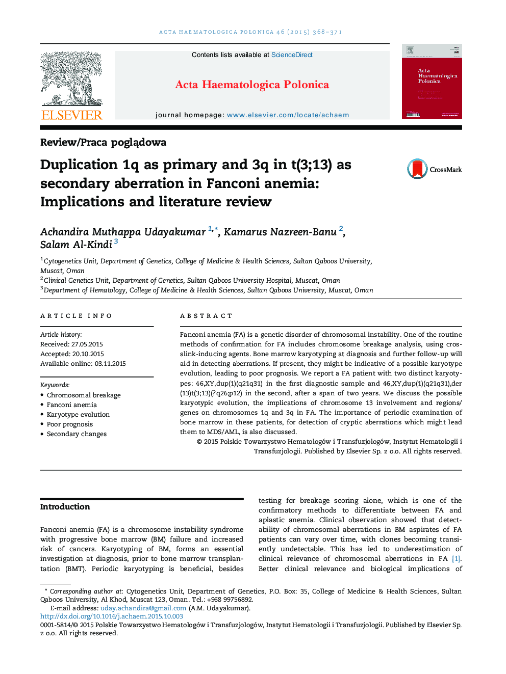 Duplication 1q as primary and 3q in t(3;13) as secondary aberration in Fanconi anemia: Implications and literature review