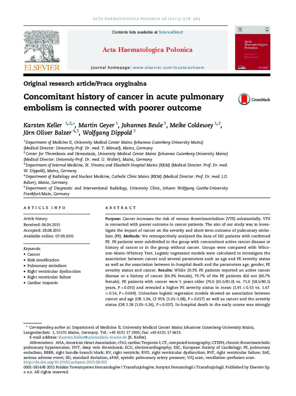 Concomitant history of cancer in acute pulmonary embolism is connected with poorer outcome