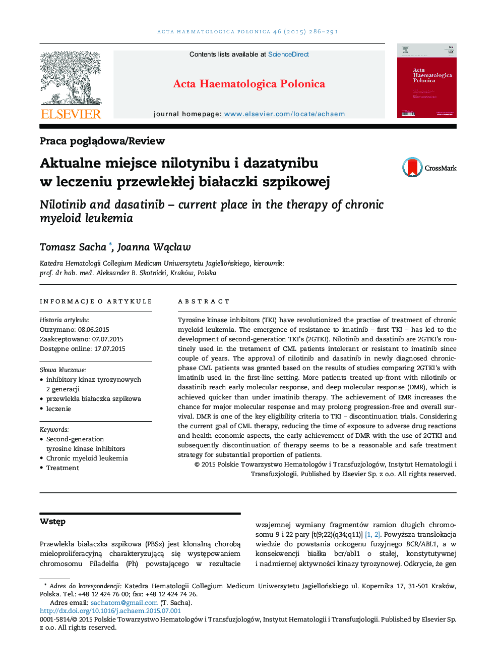 Aktualne miejsce nilotynibu i dazatynibu w leczeniu przewlekłej białaczki szpikowej