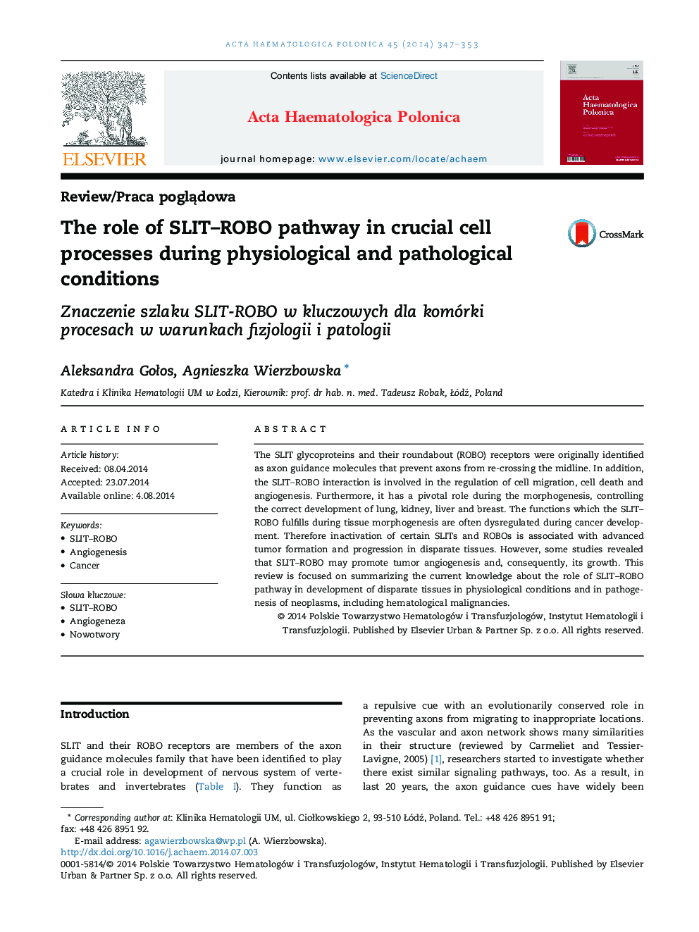 The role of SLIT-ROBO pathway in crucial cell processes during physiological and pathological conditions