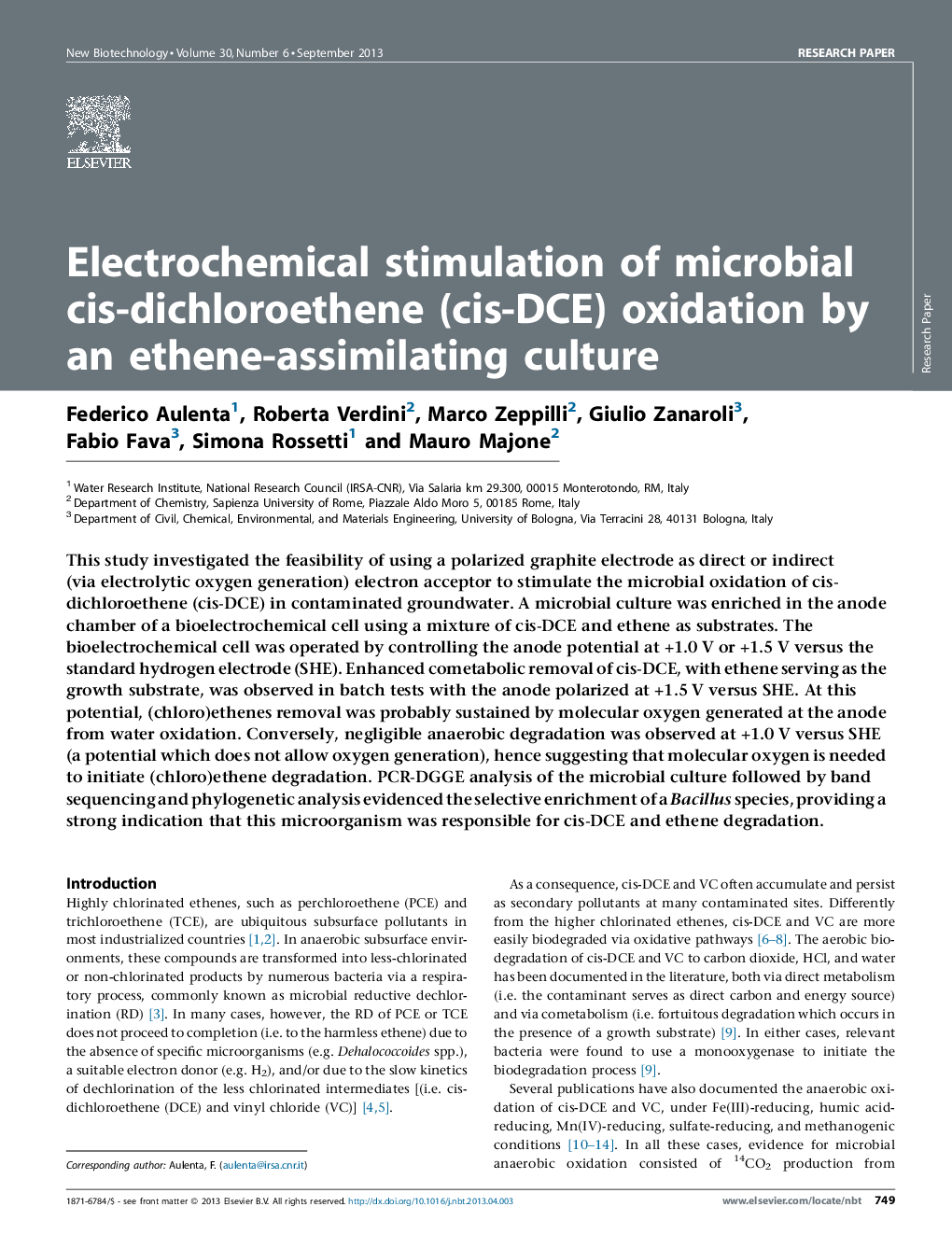 Electrochemical stimulation of microbial cis-dichloroethene (cis-DCE) oxidation by an ethene-assimilating culture