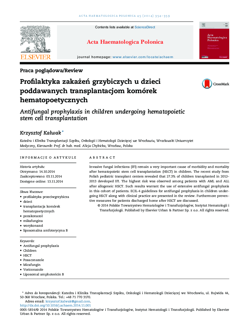 Profilaktyka zakaÅ¼eÅ grzybiczych u dzieci poddawanych transplantacjom komórek hematopoetycznych