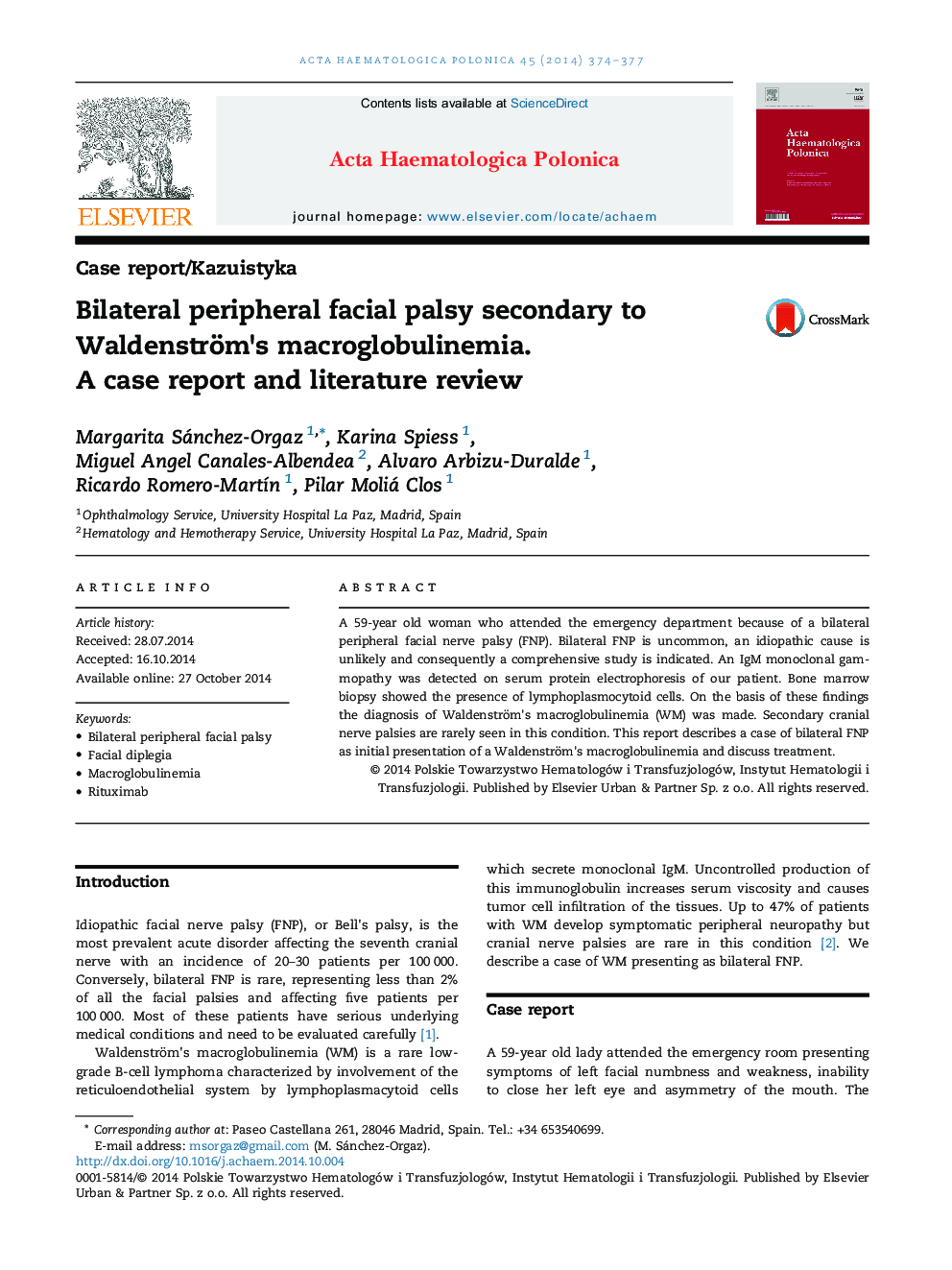 Bilateral peripheral facial palsy secondary to Waldenström's macroglobulinemia. A case report and literature review