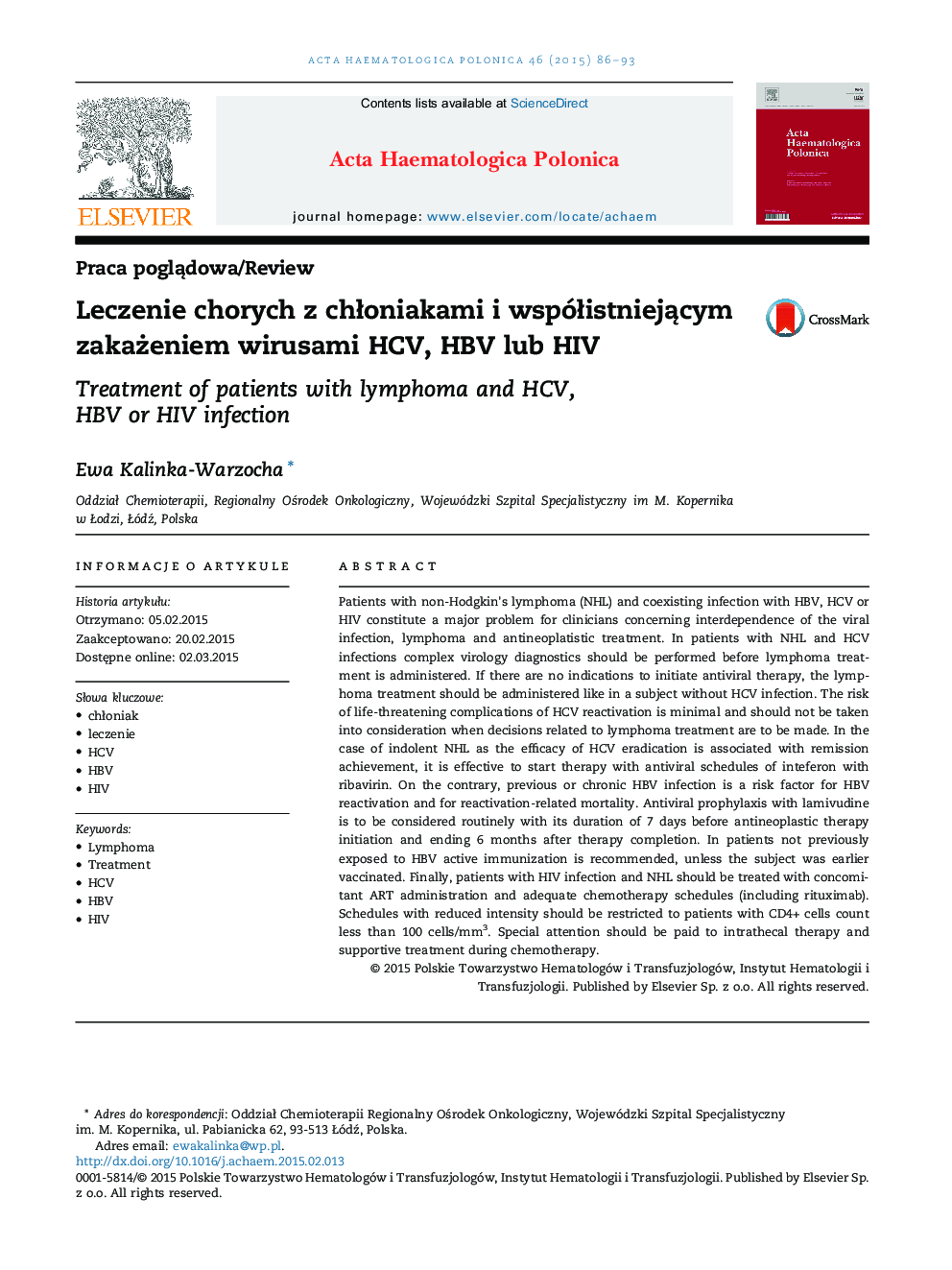 Leczenie chorych z chłoniakami i współistniejącym zakażeniem wirusami HCV, HBV lub HIV