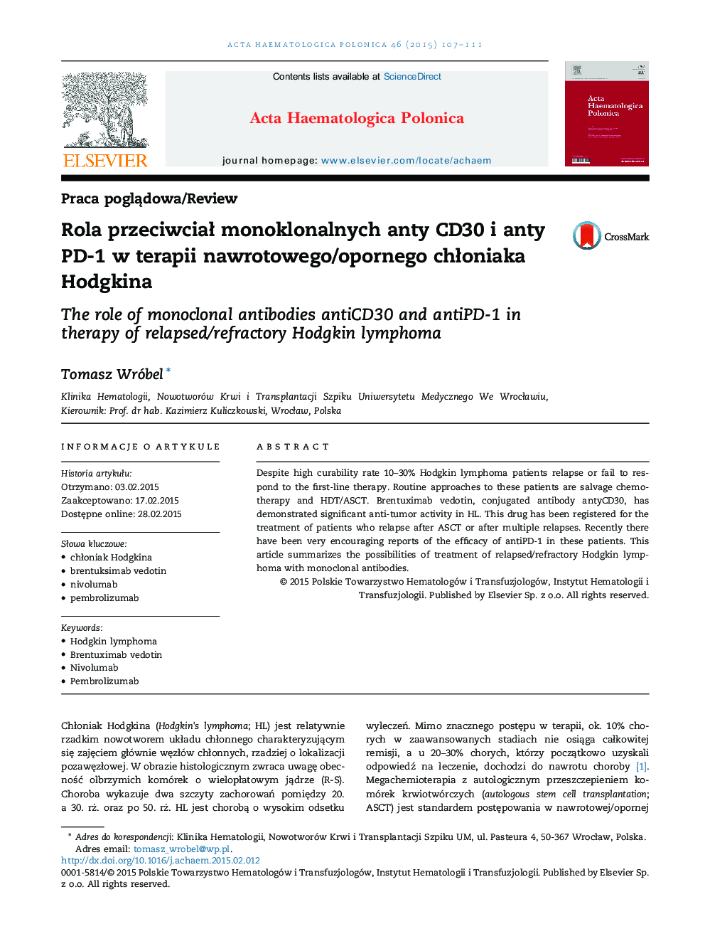 Rola przeciwciał monoklonalnych anty CD30 i anty PD-1 w terapii nawrotowego/opornego chłoniaka Hodgkina