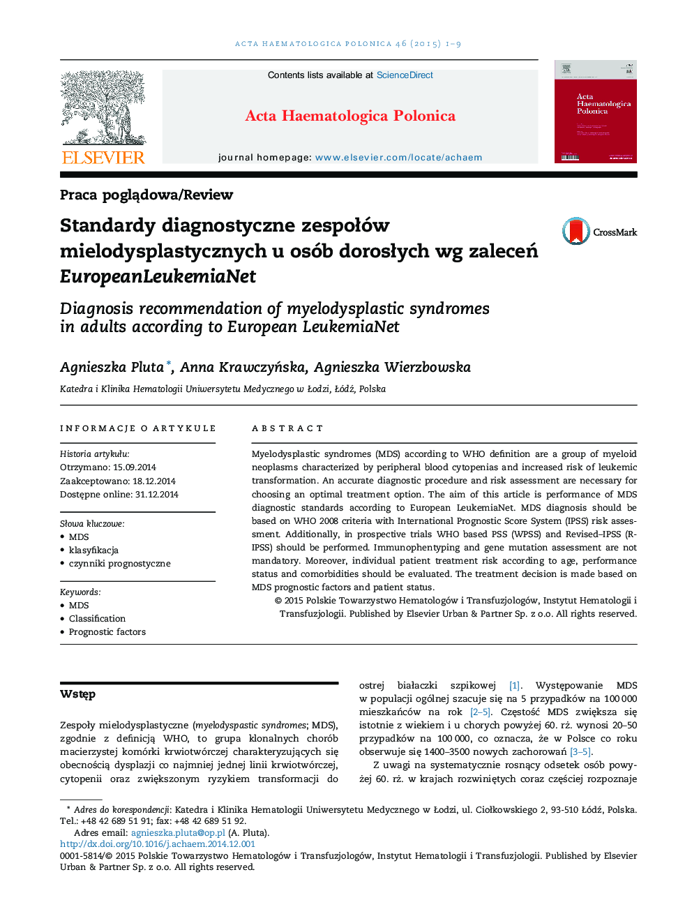 Standardy diagnostyczne zespołów mielodysplastycznych u osób dorosłych wg zaleceń EuropeanLeukemiaNet