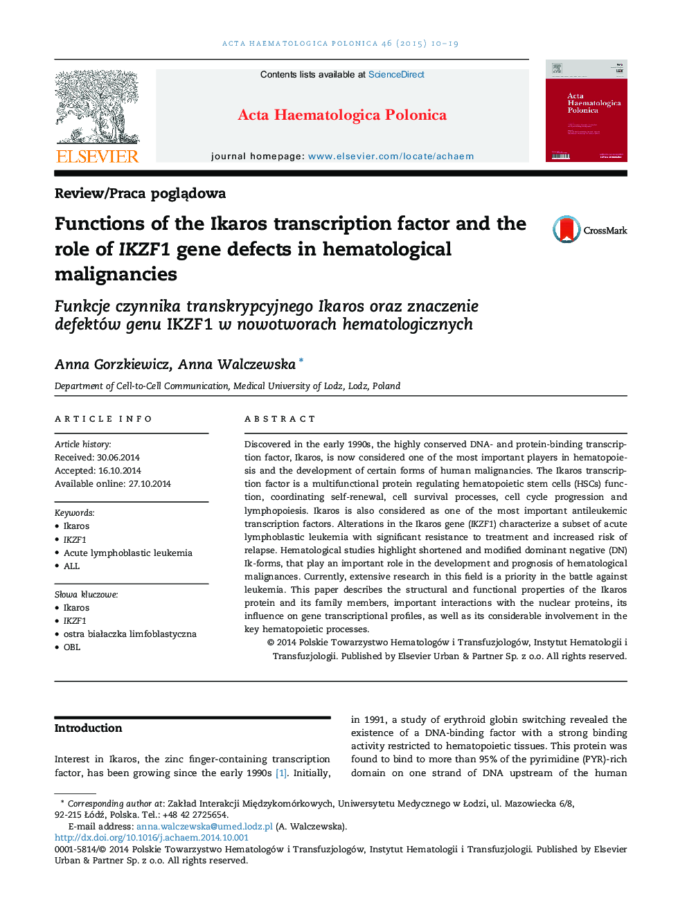 Functions of the Ikaros transcription factor and the role of IKZF1 gene defects in hematological malignancies