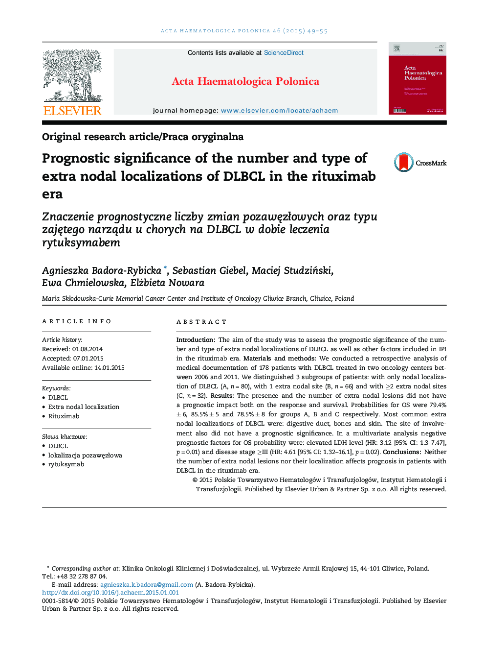 Prognostic significance of the number and type of extra nodal localizations of DLBCL in the rituximab era