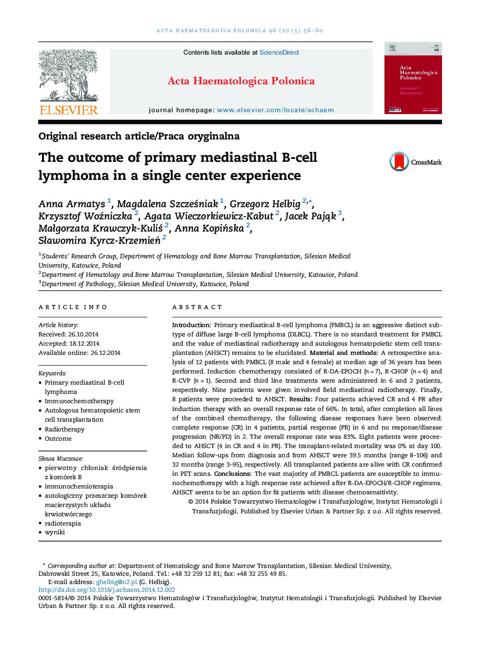 The outcome of primary mediastinal B-cell lymphoma in a single center experience