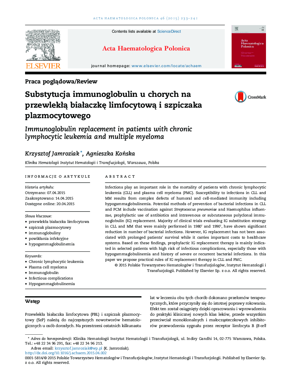 Substytucja immunoglobulin u chorych na przewlekłą białaczkę limfocytową i szpiczaka plazmocytowego