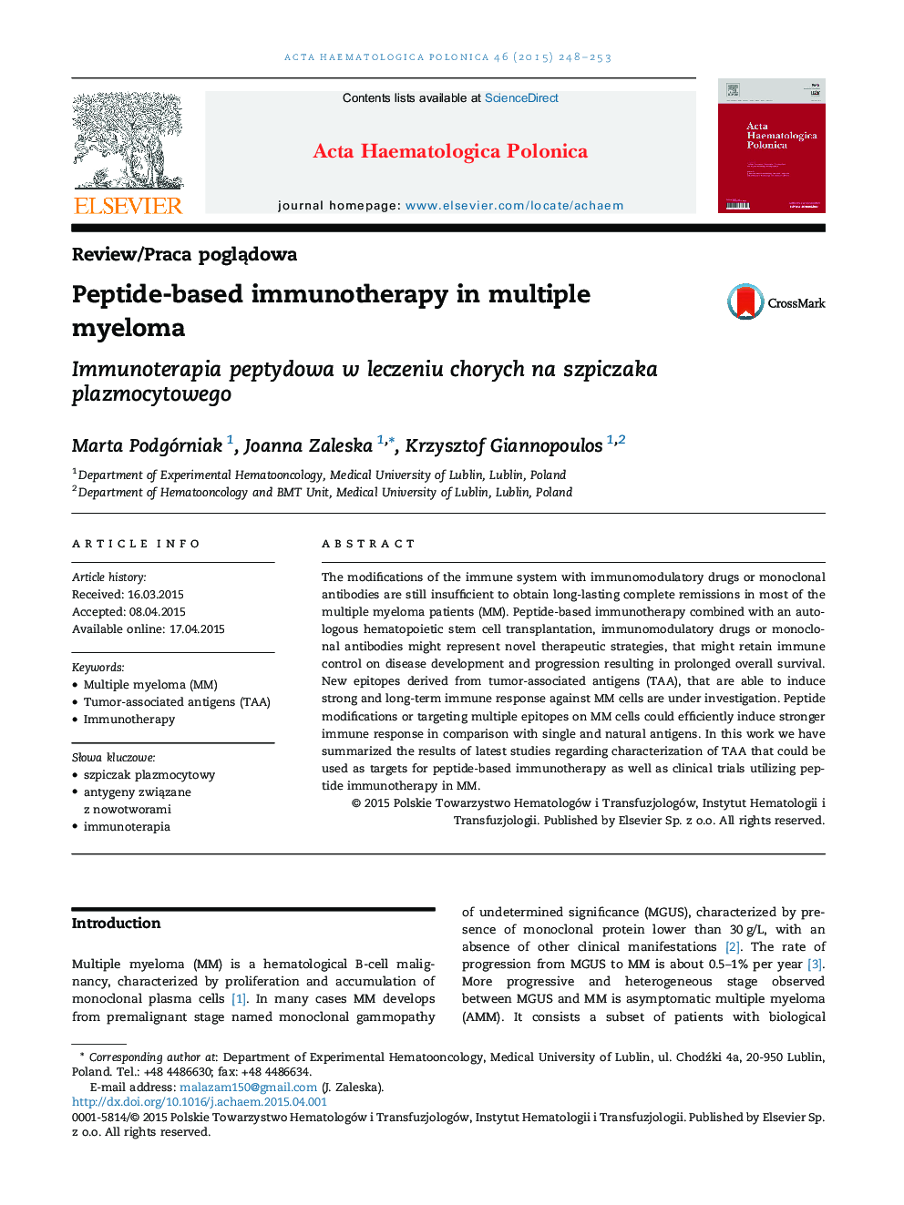 Peptide-based immunotherapy in multiple myeloma