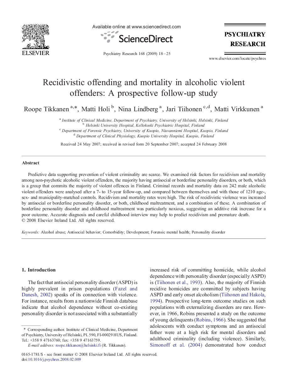 Recidivistic offending and mortality in alcoholic violent offenders: A prospective follow-up study