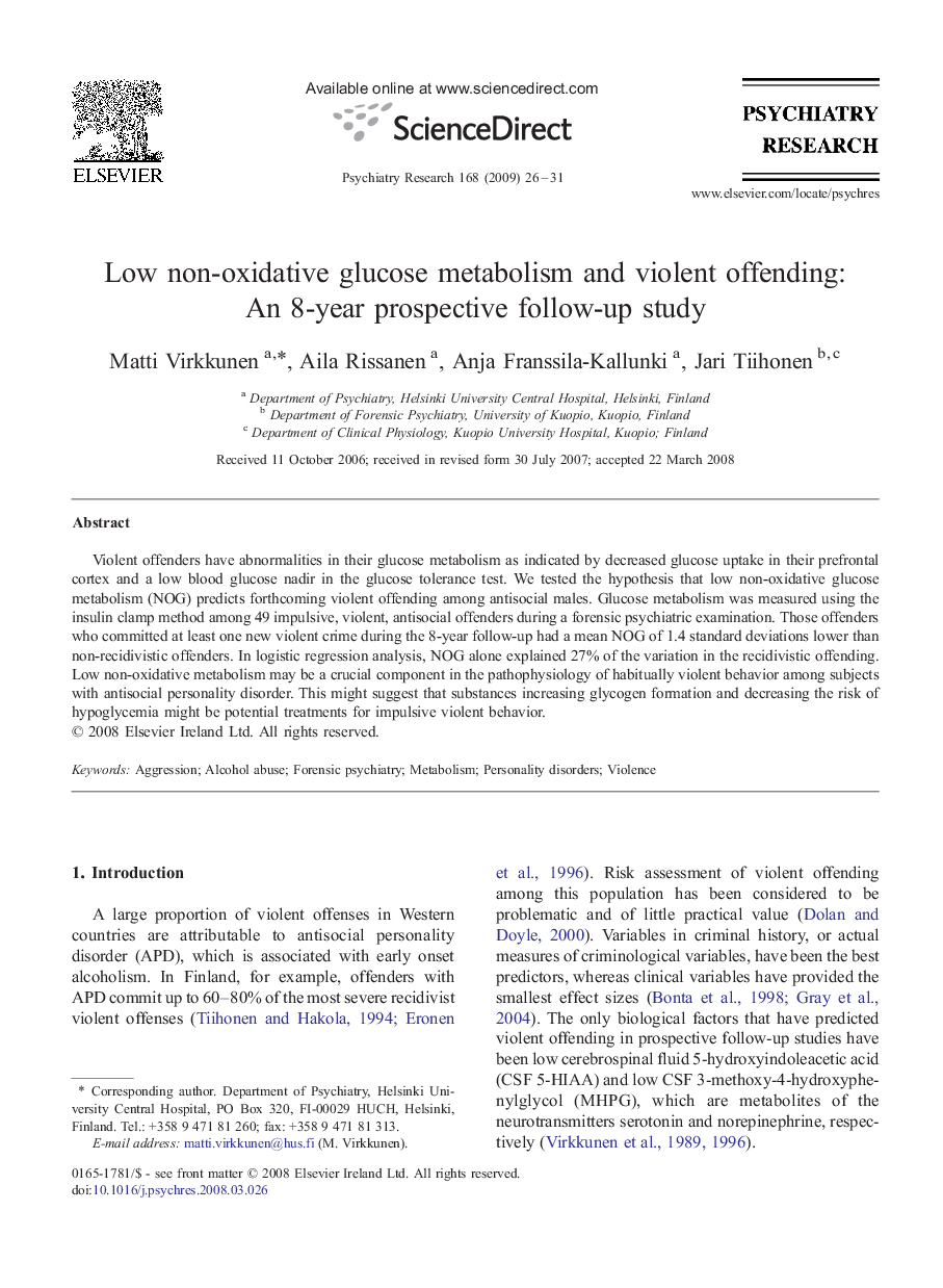 Low non-oxidative glucose metabolism and violent offending: An 8-year prospective follow-up study