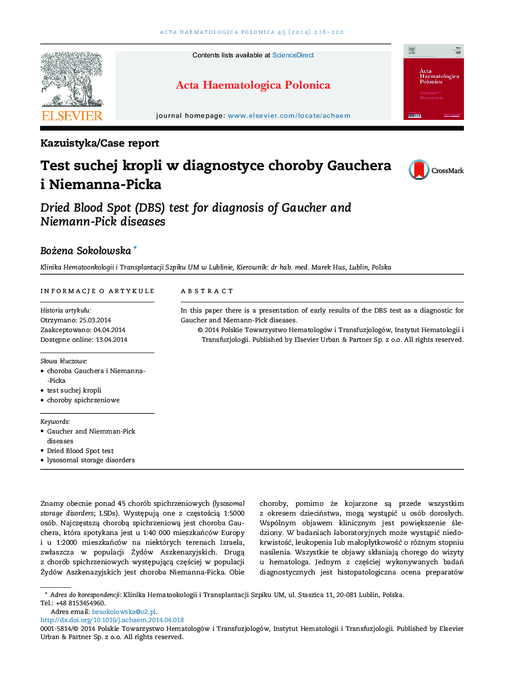 Test suchej kropli w diagnostyce choroby Gauchera i Niemanna-Picka