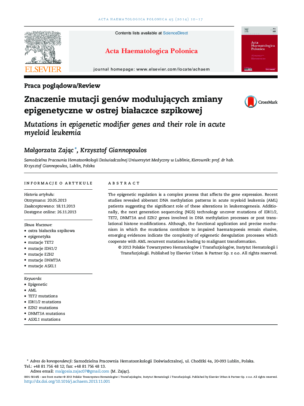 Znaczenie mutacji genów modulujÄcych zmiany epigenetyczne w ostrej biaÅaczce szpikowej